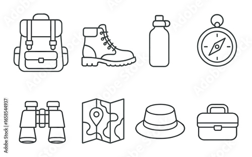 Monochrome camping gear icons: backpack, boots, bottle, compass, binoculars, map, hat, briefcase