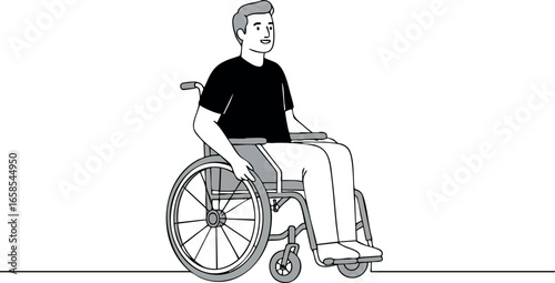 Man Sitting in Wheelchair Vector Illustration in Simple Black and White Design 