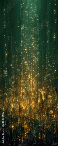Golden particles falling in dark green water