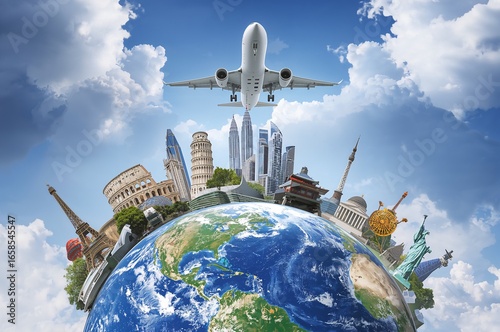 Airplane flying over the earth with famous landmarks circling the globe