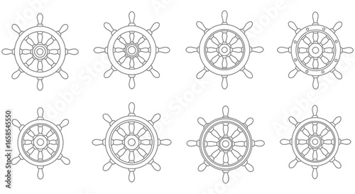 Eight different ship helm steering wheel illustrations in simple line style