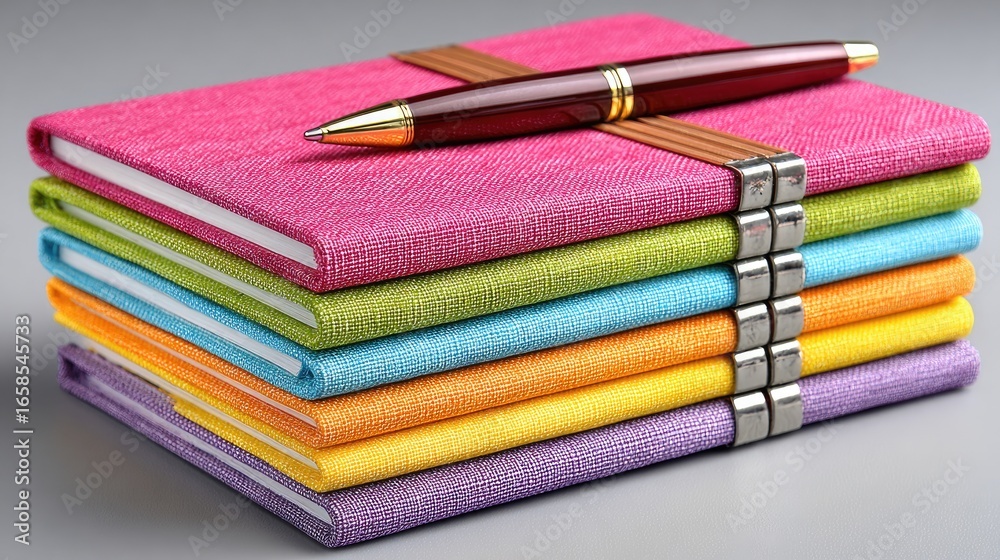 Fototapeta premium Stack of Colorful Journals with a Pen