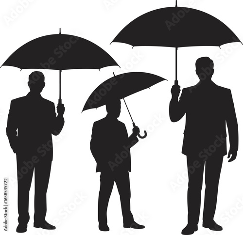 Silhouettes of businessmen holding umbrellas in various sizes, symbolizing protection, diversity, leadership, corporate roles, business strategy, and professionalism.