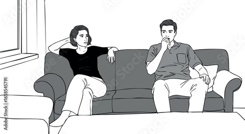 Couple sitting on couch illustration in monochrome style with relaxed posture and casual clothing 