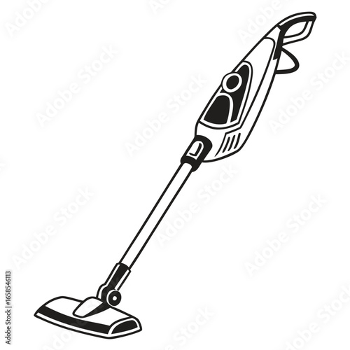 A plastic blue and red vacuum cleaner, isolated on a white background, is shown as a cleaning housework tool