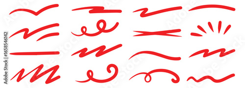 Red squiggle brush scribble underline. Marker pen emphasis highlight red swoosh stroke. Vector swoosh brush underline set for accent, marker emphasis squiggle element. Vector stock illustration