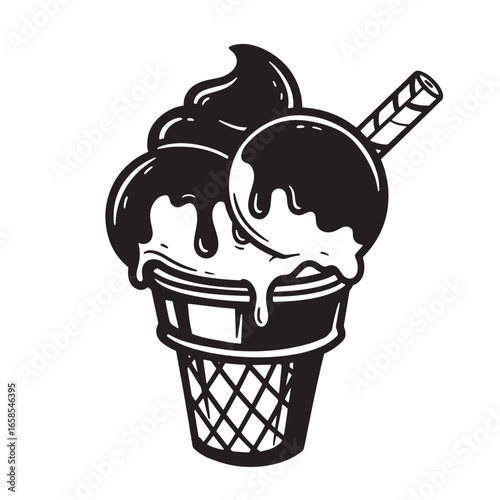 Delicious monochrome ice cream cone dessert with dripping chocolate and wafer cookie