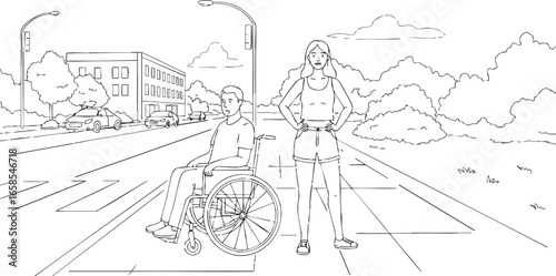 Person pushing wheelchair on urban street with trees and buildings line art vector illustration 