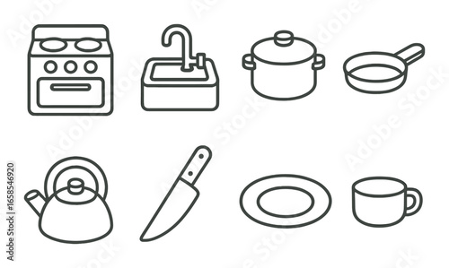 Minimalist kitchen icons collection featuring stove, sink, cookware, and utensils