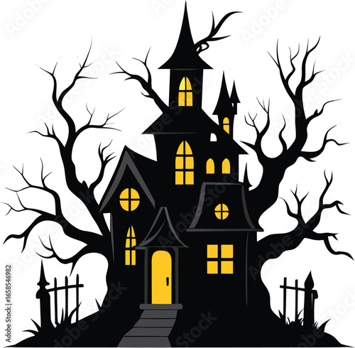Creepy House With Crooked Windows And Ghostly Tree