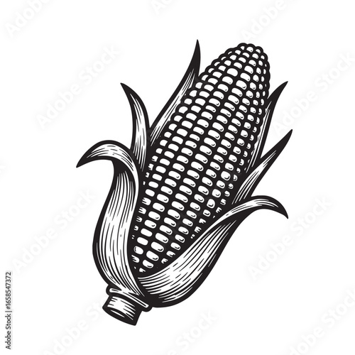 Detailed black and white illustration of a sweet corn cob with leaves isolated