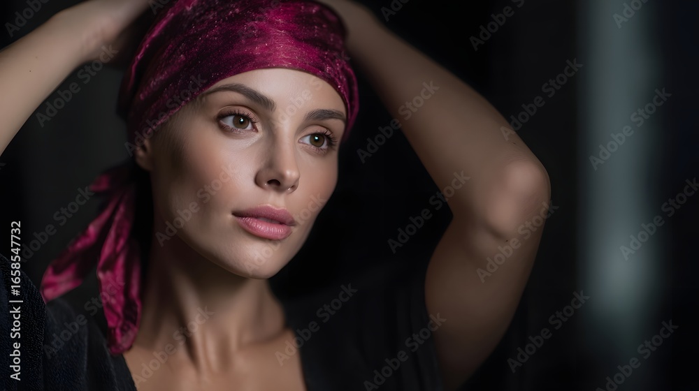 Fototapeta premium Resilient woman reflects in the mirror her headscarf a symbol of her inner strength