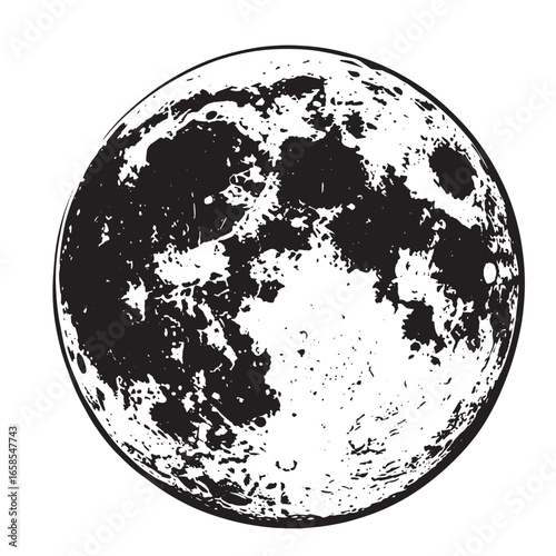 Detailed black and white illustration of the full moon showing craters on a white background.