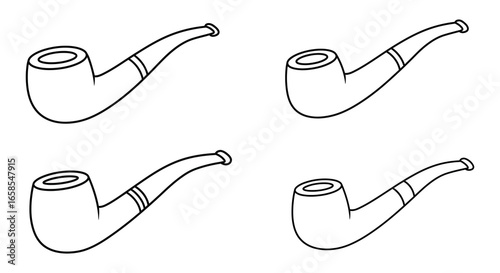 Four different views of a classic smoking pipe in simple line drawing style