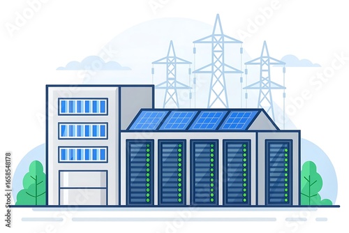 Illustration of a modern datacenter building with solar panels on the roof, power lines in the background, representing sustainable energy and cloud computing infrastructure