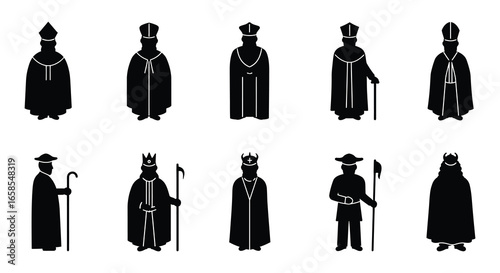 Silhouette icons of various religious figures and monarchs in robes and regalia