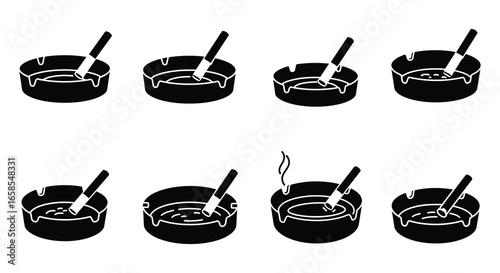 Eight black and white illustrations of ashtrays with cigarettes