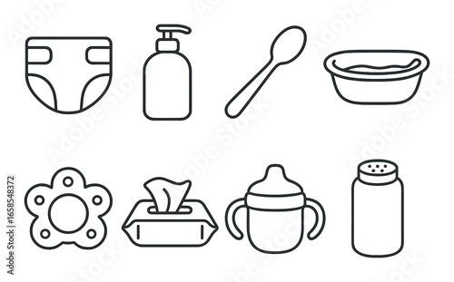 Baby essentials icons set featuring diaper, lotion, spoon, bathtub, pacifier, wipes, sippy cup, and baby powder