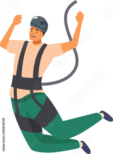 Man having fun bungee jumping, wearing helmet and harness, enjoying extreme sport and outdoor activity