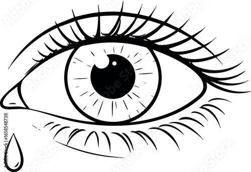 Human eye crying with single tear black line art illustration vector design 