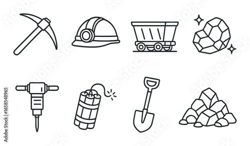 Mining equipment icons: tools, helmet, cart, ore, drill, dynamite, shovel, rocks illustration