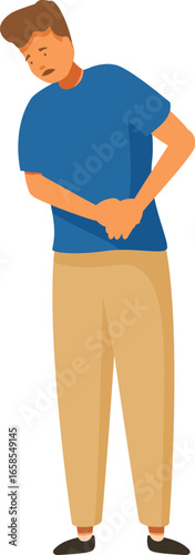 Man experiencing stomach or abdominal pain, holding his belly with both hands, bending over in discomfort