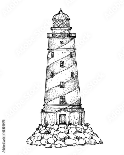 Lighthouse sketch. Hand drawn vector illustration. Black and white. Engraving style