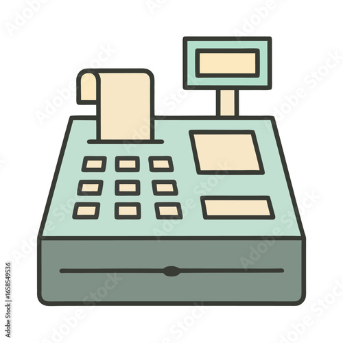 Simple flat illustration of a cash register with receipt and display machine transaction