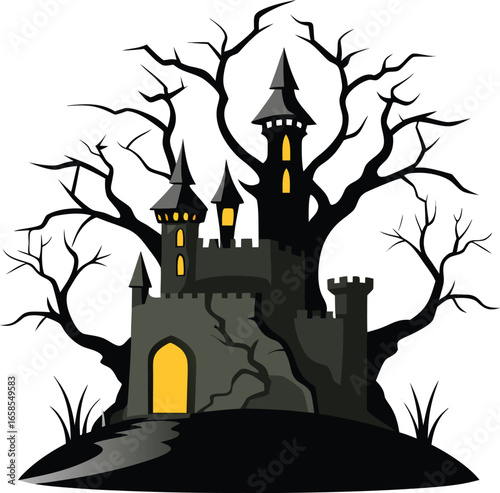 Haunted Castle Ruins With Eerie Tree