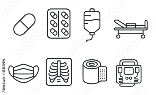 Medical icons set featuring pill, iv bag, surgery bed, and x-ray