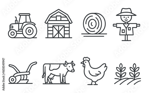 Outline icons of farming: tractor, barn, hay, scarecrow, cow, chicken, crops