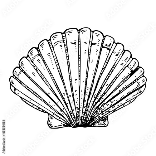 Seashell sketch. Hand drawn vector illustration. Black and white. Engraving style
