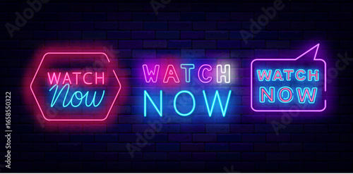 Watch now neon signs collection. Colorful text. Glowing movie theater. Video concept. Vector stock illustration