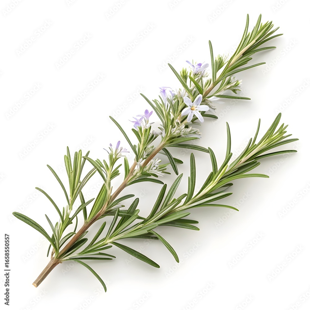 Obraz premium Arp Rosemary Leaf Slender Grey-Green Needle-Like Herb with Strong Aromatic Fragrance and Hardy Mediterranean Freshness Isolated in Crisp Detail on Pure White Background