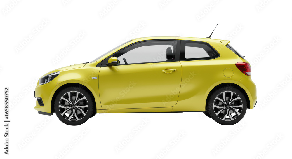 Obraz premium Bright yellow, sleek, modern, ultra-realistic compact hatchback car, eye-level side view in a minimalist white studio with soft lighting. Concept of efficient mobility