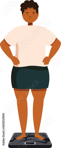 Sad woman standing on broken weight scale, depicting the concepts of overweight, obesity, and body image issues