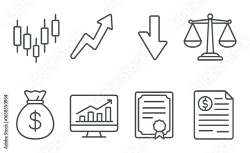 Financial symbols collection: graphs, scales, money bag, and documents