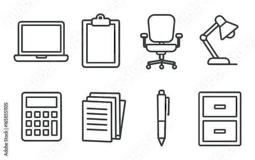 Monochrome office icons: laptop, clipboard, chair, lamp, calculator, papers, pen, filing cabinet