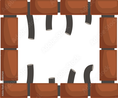Brick wall breaking apart with hanging wires, creating an empty square frame, illustrating concepts of damage, construction, and unfinished projects