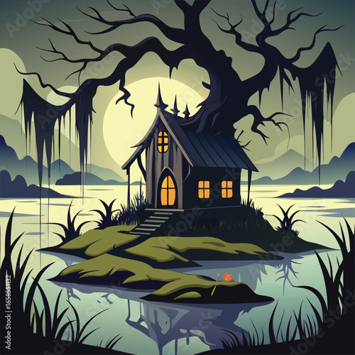 Haunted Shack In Swamp With Willow Tree