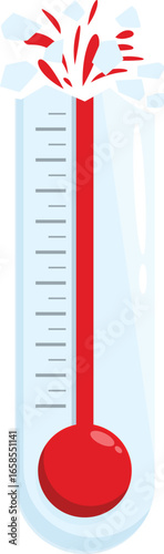 Broken glass thermometer is indicating extremely hot temperature, red mercury exploding from the top