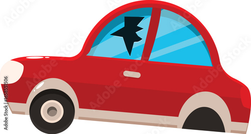 Cartoon illustration of a damaged red car with a broken window and a missing wheel, depicting a traffic accident or vandalism