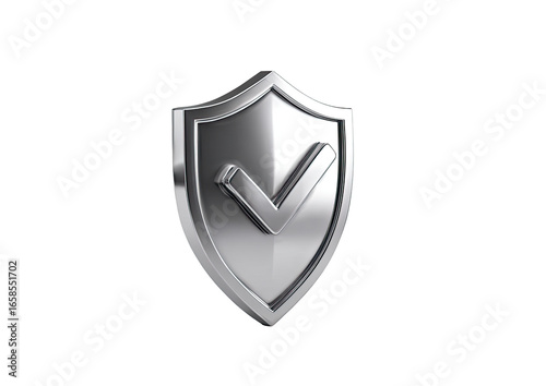 3D metallic shield with checkmark.  A polished silver shield graphic, a check mark positioned on its surface.  High-resolution, isolated against black