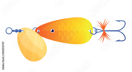 Vector illustration of a fishing lure in bright orange and yellow colors. Ideal for advertising fishing gear or illustrating outdoor activities related to fishing and sport fishing.