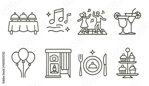 Icon set depicting catering, music, dance, cocktails, balloons, dining, and desserts