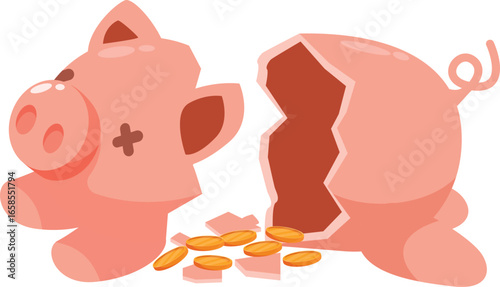 Shattered piggy bank revealing scattered coins, depicting financial loss, economic hardship, and the depletion of savings