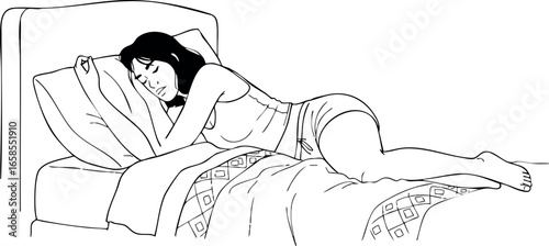 Woman Sleeping Peacefully on Bed in Relaxed Pose Black and White Vector Illustration 
