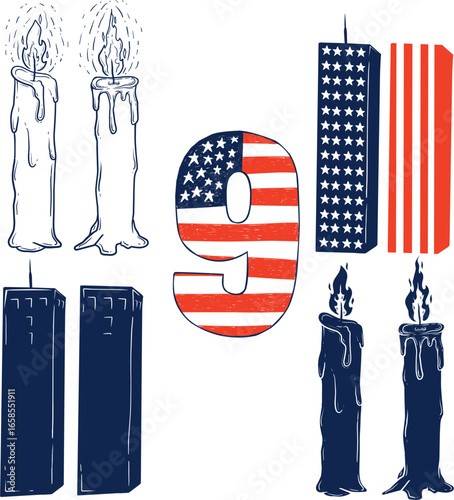 Hand Drawn Vector Set of Patriot Day Elements with Candle, Twin Towers, Number 9, and American Flag. September 11 Memorial Illustration in Unique Doodle Style