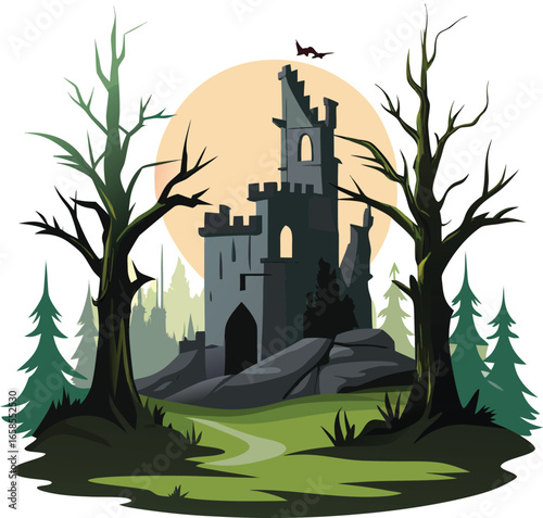 Old Ruined Castle With Scary Forest