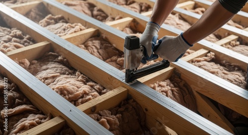 View from above of attic insulation project featuring rapid repetition of staple gun use to affix baffle strips evenly spaced.